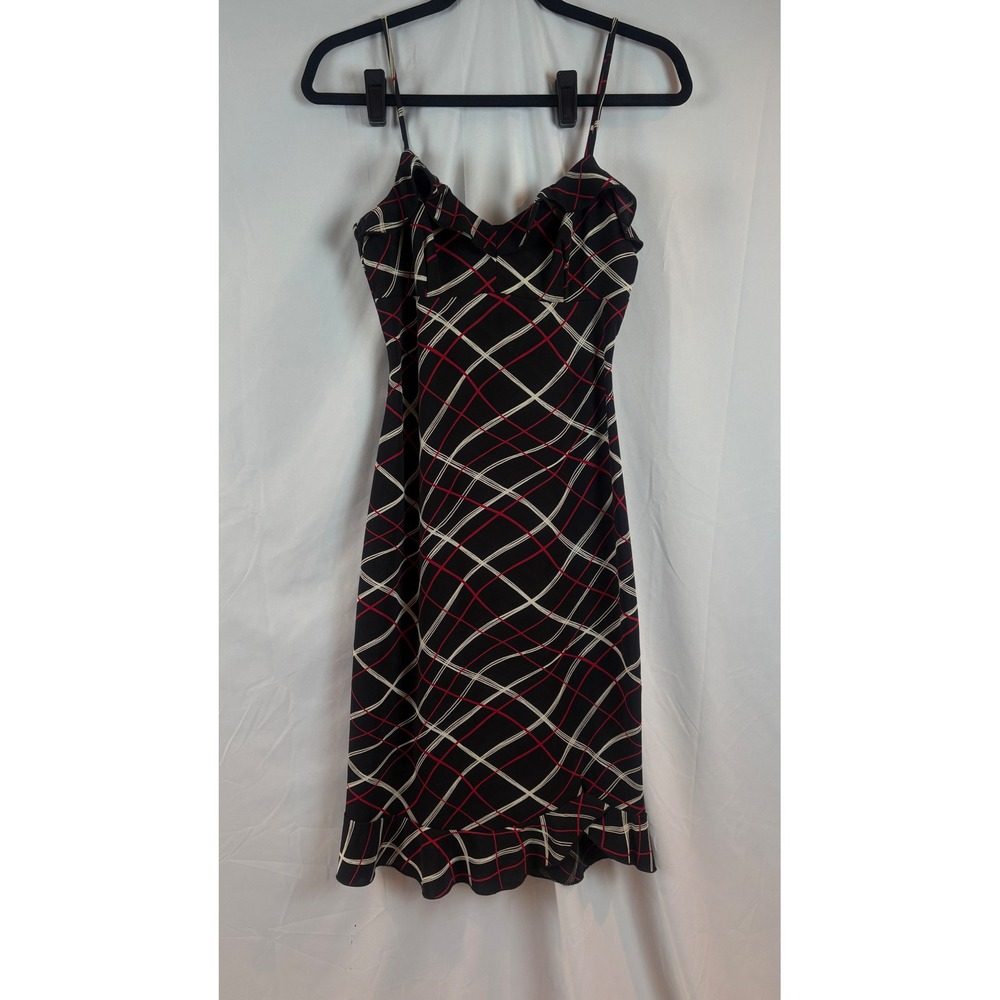 Vintage‎ Black Red White Plaid Print Spaghetti Strap Ruffle Hem Midi Dress